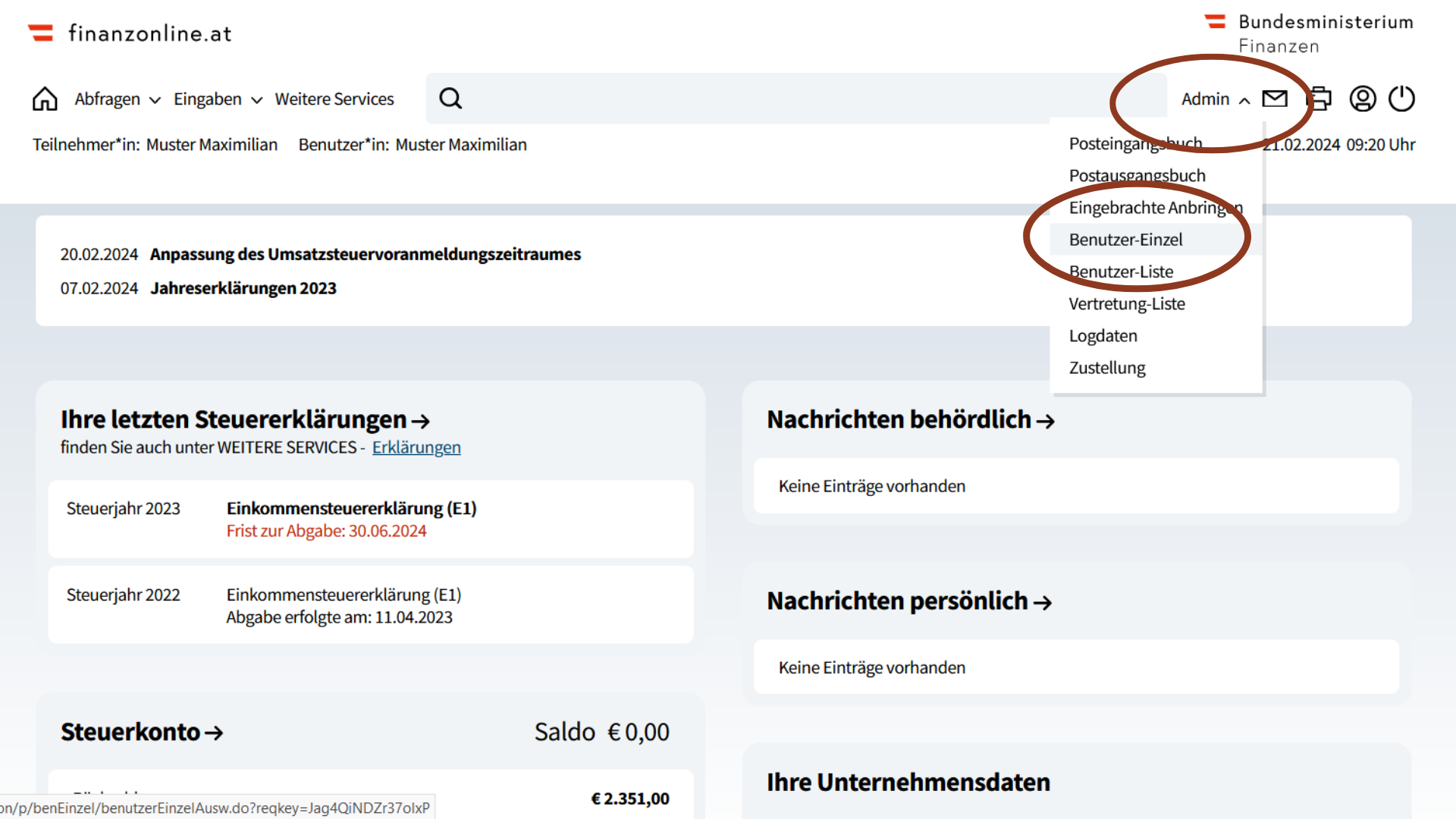 FinanzOnline Schritt 1 bei der Menüwahl