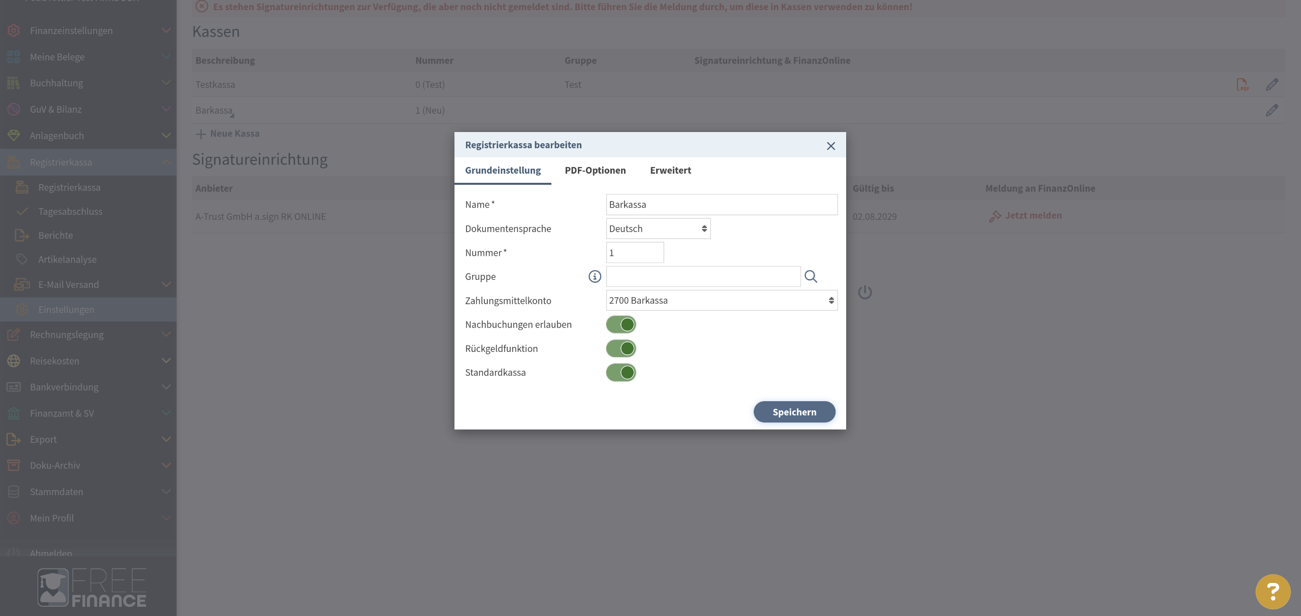 FreeFinance Kassa erstellen