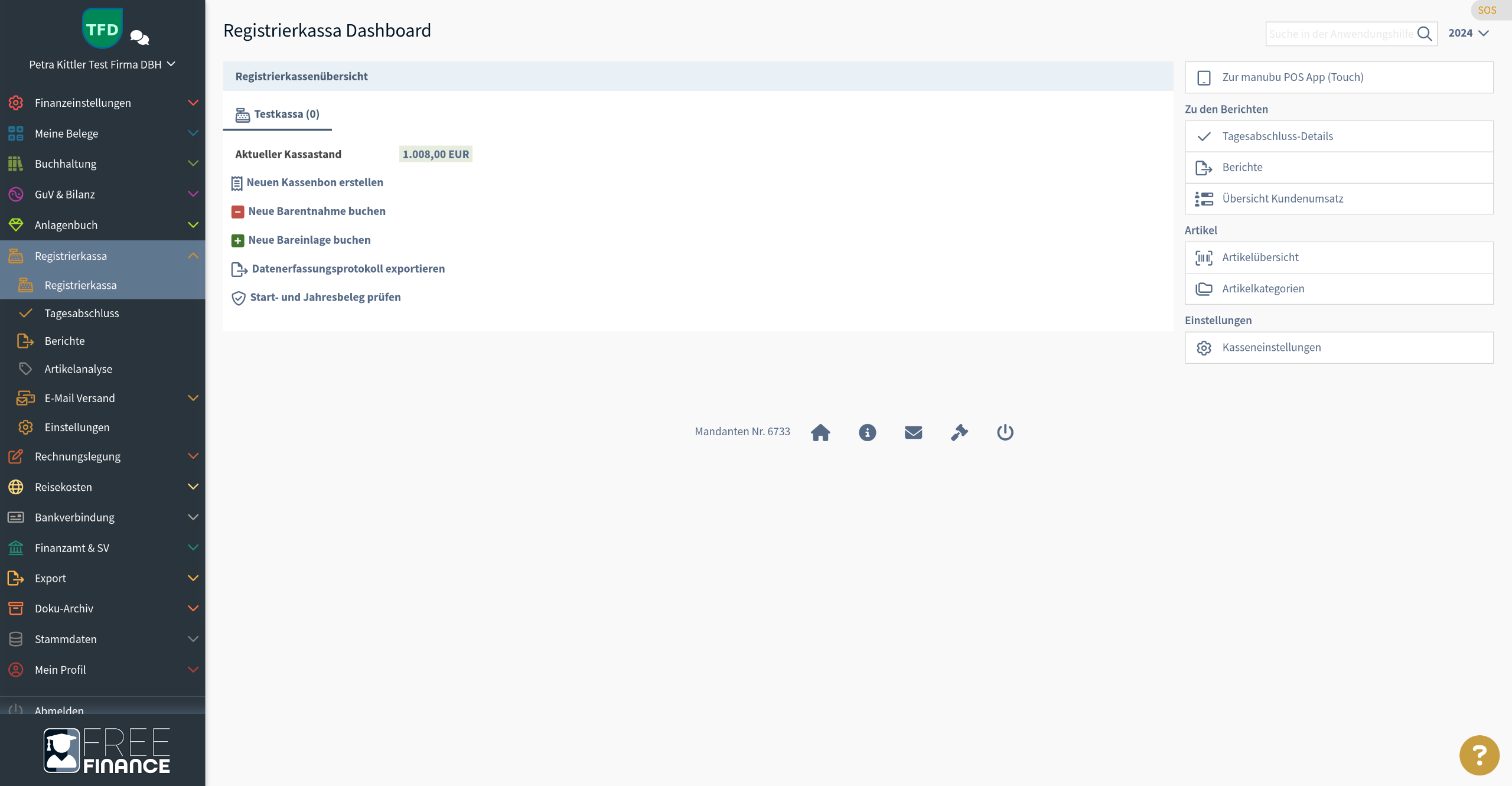 FreeFinance Registrierkassa Dashboard