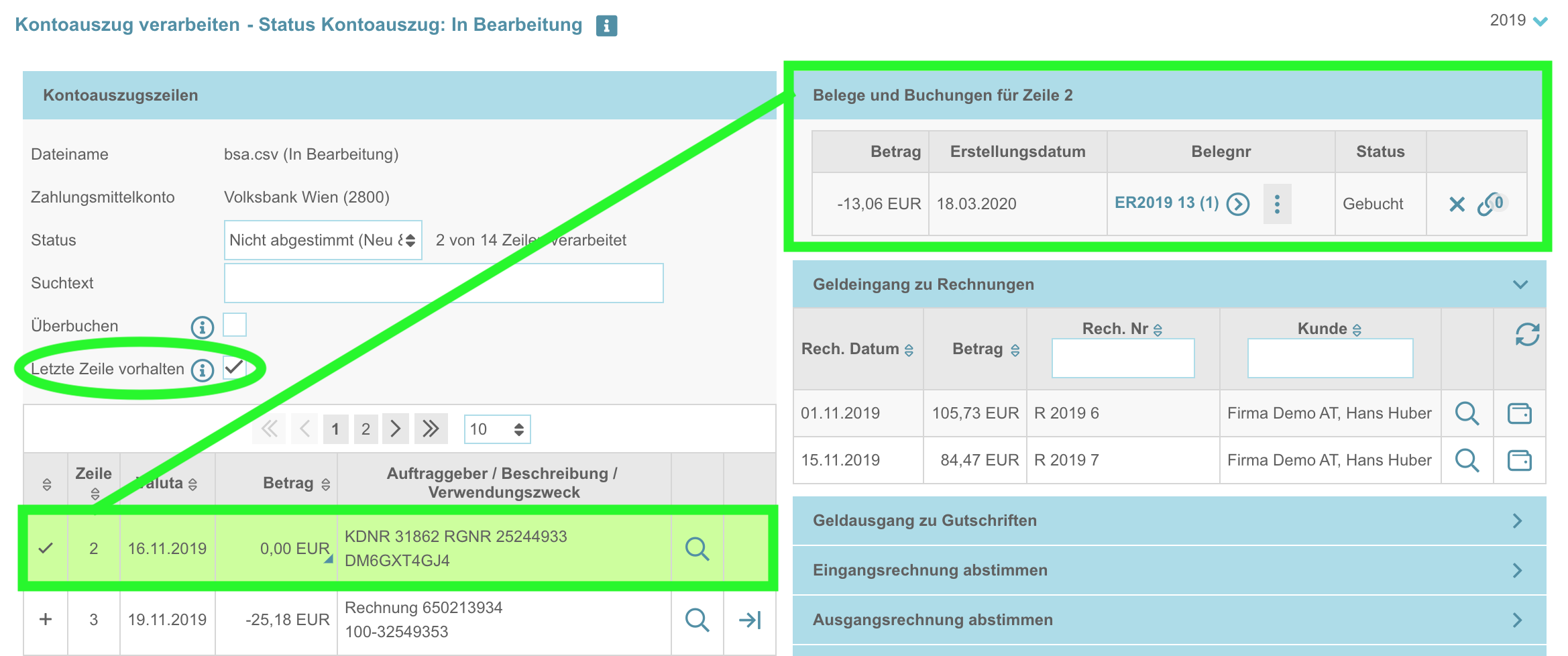 Ausschnitt der neuen Ansicht "Letzte Zeile vorhalten"