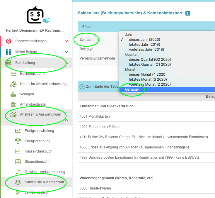 Screenshot aus FreeFinance zur Saldenliste